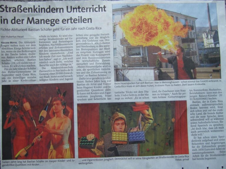 Ein Zeitungsartikel über Bastian mit Bilder vom Feuerspucken und Jonglieren.